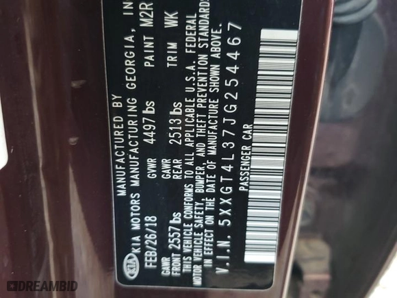 2018 Kia Optima LX with VIN 5XXGT4L37JG254467, listed as a Copart auction lot 45511245 with 174,233 mi miles and Salvage Title. Bid and sale history available at carsss.com. Image 12.