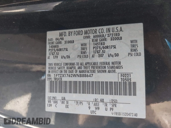 1998 Ford F-150 with VIN 1FTZX1762WNB88647, listed as a IAAI auction lot 42682271 with 187,520 mi miles and . Bid and sale history available at DreamBid. Image 9.