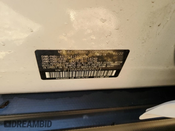 2022 Subaru WRX Premium with VIN JF1VBAH60N8005213, listed as a Copart auction lot 79777854 with 30,182 mi miles and Salvage Title. Bid and sale history available at carsss.com. Image 12.
