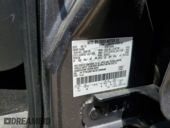 2012 Ford F-250 XL with VIN 1FT7W2BT4CEC80948, listed as a Copart auction lot 61745885 with 89,205 mi miles and Salvage title. Bid and sale history available at DreamBid. Image 13.