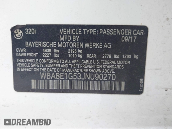 2018 BMW 3 Series 320i z VIN WBA8E1G53JNU90270, wystawiony jako IAAI lot #42183837 z przebiegiem 90 106 mil mil oraz . Historia ofert i sprzedaży dostępna na DreamBid. Obrazek 9.