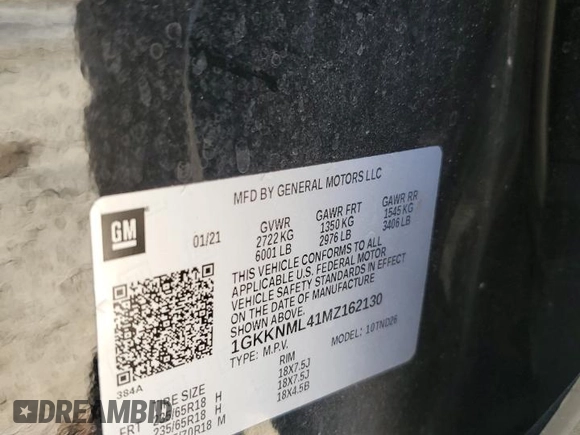 2021 GMC Acadia SLT with VIN 1GKKNML41MZ162130, listed as a Copart auction lot 81525724 with 77,042 mi miles and Non Repairable. Bid and sale history available at DreamBid. Image 14.