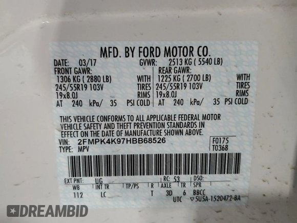 2017 Ford Edge Titanium with VIN 2FMPK4K97HBB68526, listed as a Copart auction lot 52553075 with 37,029 mi miles and Salvage Title. Bid and sale history available at carsss.com. Image 15.