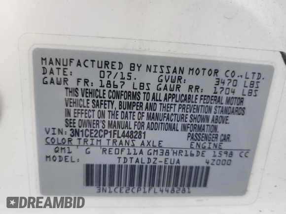 2015 Nissan Note SV with VIN 3N1CE2CP1FL448281, listed as a Copart auction lot 55665145 with 81,934 mi miles and Salvage title. Bid and sale history available at DreamBid. Image 12.