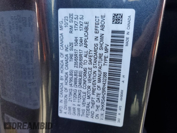 2024 Honda CR-V LX with VIN 2HKRS4H29RH432388, listed as a Copart auction lot 82054734 with 27,746 mi miles and Salvage Title. Bid and sale history available at DreamBid. Image 14.