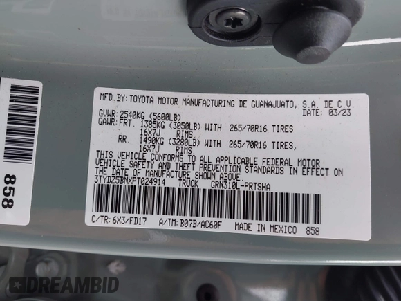2023 Toyota Tacoma SR5 z VIN 3TYDZ5BNXPT024914, wystawiony jako IAAI lot #41302756 z przebiegiem 20 307 mil mil oraz . Historia ofert i sprzedaży dostępna na DreamBid. Obrazek 9.