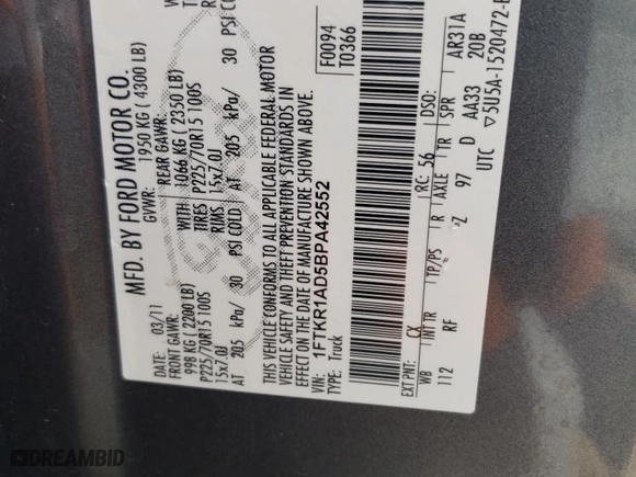 2011 Ford Ranger XL with VIN 1FTKR1AD5BPA42552, listed as a Copart auction lot 46740235 with 42,133 mi miles and Salvage Title. Bid and sale history available at carsss.com. Image 13.