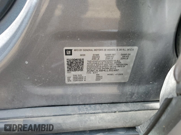 2020 Chevrolet Trax LT z VIN 3GNCJLSB4LL251497, wystawiony jako Copart lot #53252815 z przebiegiem 59 781 mil mil oraz Nie do naprawy. Historia ofert i sprzedaży dostępna na DreamBid. Obrazek 12.