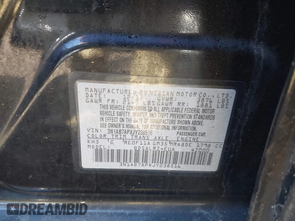 2018 Nissan Sentra S with VIN 3N1AB7APXJY238516, listed as a IAAI auction lot 41657791 with 96,326 mi miles and . Bid and sale history available at DreamBid. Image 9.