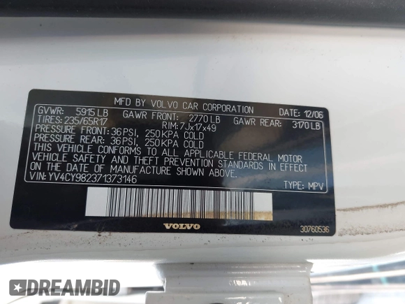 2007 Volvo XC90 I6 with VIN YV4CY982371373146, listed as a IAAI auction lot 42060388 with 174,274 mi miles and . Bid and sale history available at DreamBid. Image 9.