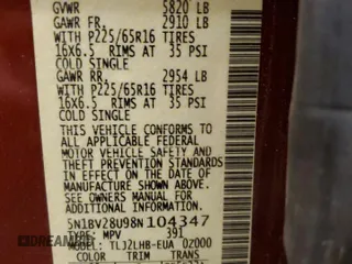 2008 Nissan Quest with VIN 5N1BV28U98N104347, listed as a Copart auction lot 82894454 with 114,144 mi miles and Salvage Title. Bid and sale history available at carsss.com. Image 14.