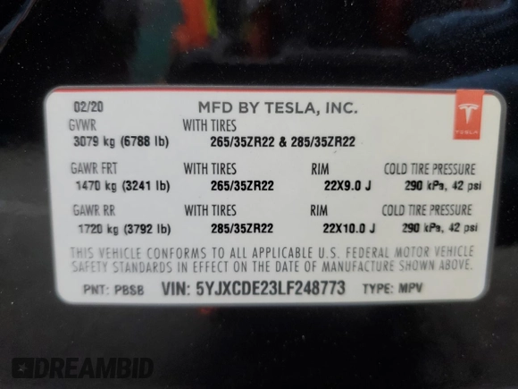 2020 Tesla Model X Long Range with VIN 5YJXCDE23LF248773, listed as a Copart auction lot 53062405 with 62,342 mi miles and Salvage Title. Bid and sale history available at carsss.com. Image 14.