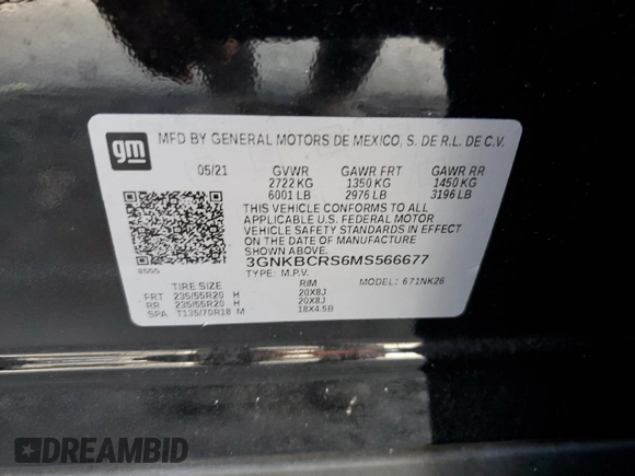 2021 Chevrolet Blazer LT with VIN 3GNKBCRS6MS566677, listed as a Copart auction lot 61010225 with 101,069 mi miles and Non repairable. Bid and sale history available at DreamBid. Image 13.