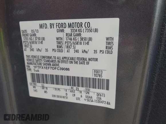 2013 Ford F-150 XL with VIN 1FTFX1EF7DFC39086, listed as a IAAI auction lot 42611796 with 89,721 mi miles and . Bid and sale history available at DreamBid. Image 9.
