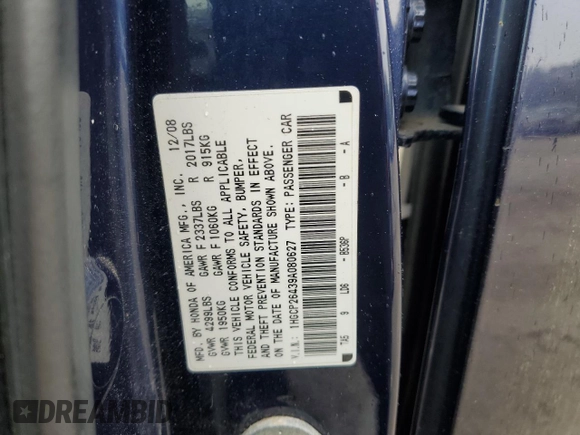 2009 Honda Accord LX-P with VIN 1HGCP26439A080627, listed as a Copart auction lot 56050725 with 305,044 mi miles and Clean Title. Bid and sale history available at DreamBid. Image 12.
