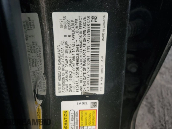 2022 Honda Civic Sport with VIN 2HGFE2F58NH533891, listed as a Copart auction lot 48955885 with 96,533 mi miles and Salvage Title. Bid and sale history available at carsss.com. Image 13.