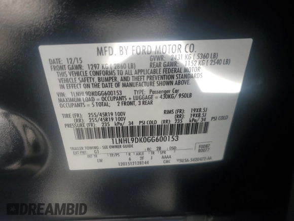 2016 Lincoln MKS z VIN 1LNHL9DK0GG600153, wystawiony jako Copart lot #41561325 z przebiegiem 71 909 mil mil oraz Szkoda całkowita • Salvage title. Historia ofert i sprzedaży dostępna na DreamBid. Obrazek 12.