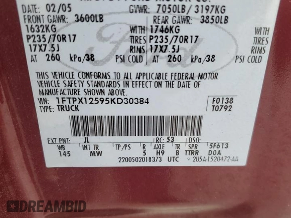 2005 Ford F-150 XL with VIN 1FTPX12595KD30384, listed as a Copart auction lot 77244603 with 170,086 mi miles and Salvage title. Bid and sale history available at DreamBid. Image 12.