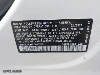 2020 Volkswagen Passat 2.0T S with VIN 1VWAA7A35LC012759, listed as a IAAI auction lot 39909072 with 50,690 mi miles. Bid and sale history available at carsss.com. Image 9.