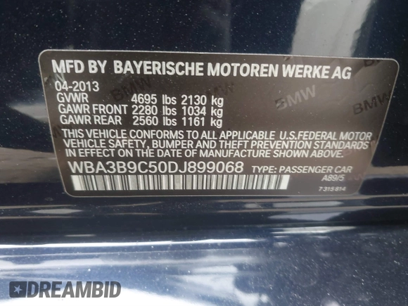 2013 BMW 3 Series 335i xDrive with VIN WBA3B9C50DJ899068, listed as a IAAI auction lot 41331622 with 156,216 mi miles. Bid and sale history available at carsss.com. Image 9.