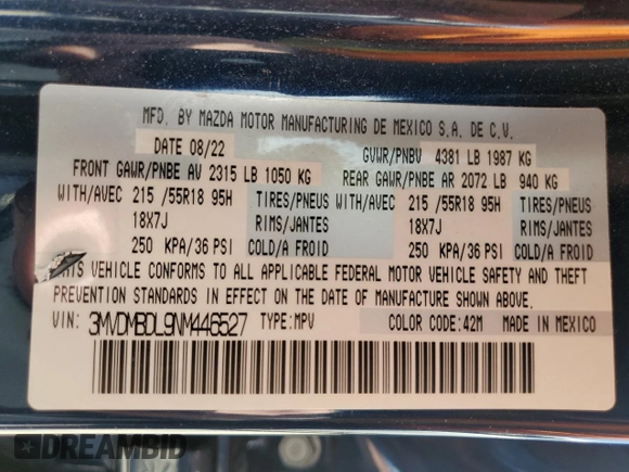 2022 Mazda CX-30 S Premium with VIN 3MVDMBDL9NM446527, listed as a Copart auction lot 63291275 with 17,035 mi miles and Salvage title. Bid and sale history available at DreamBid. Image 14.