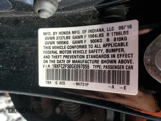 2016 Honda Civic Sedan LX with VIN 19XFC2F50GE097055, listed as a Copart auction lot 53089075 with 88,362 mi miles and Salvage Title. Bid and sale history available at carsss.com. Image 12.