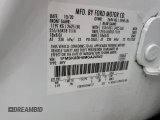 2021 Ford Explorer with VIN 1FMSK8BH6MGA24543, listed as a Copart auction lot 85352104 with 91,118 mi miles and Salvage Title. Bid and sale history available at carsss.com. Image 15.