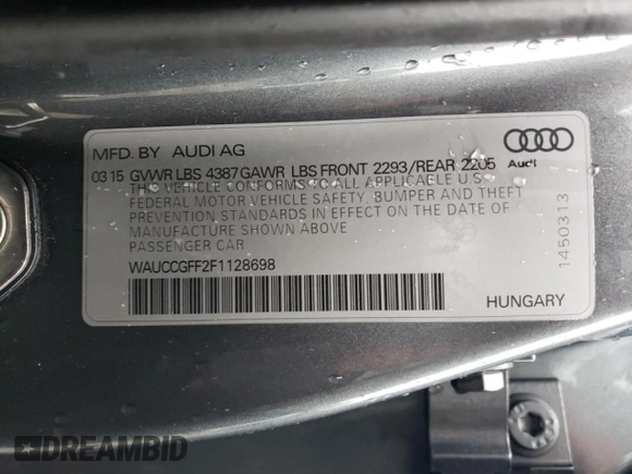 2015 Audi A3 1.8T Premium Plus with VIN WAUCCGFF2F1128698, listed as a Copart auction lot 61918183 with 57,605 mi miles. Bid and sale history available at carsss.com. Image 12.