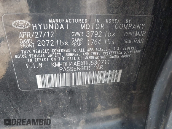 2013 Hyundai Elantra GLS with VIN KMHDH4AEXDU530711, listed as a IAAI auction lot 42499254 with 209,121 mi miles and . Bid and sale history available at DreamBid. Image 9.
