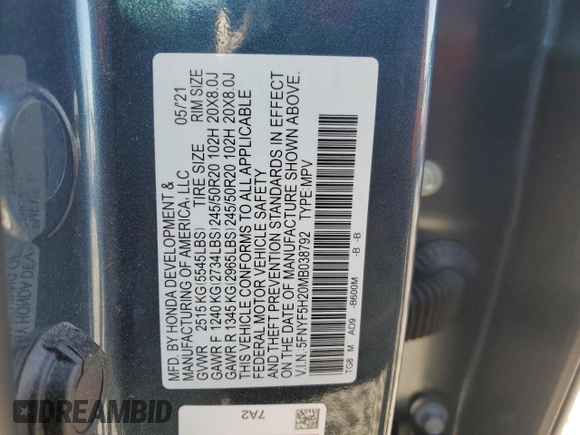 2021 Honda Pilot Special Edition with VIN 5FNYF5H20MB038792, listed as a Copart auction lot 46093535 with 50,369 mi miles and Salvage Title. Bid and sale history available at DreamBid. Image 13.