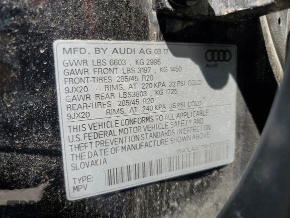 2017 Audi Q7 Premium Plus with VIN WA1LAAF79HD050642, listed as a Copart auction lot 52377535 with 109,326 mi miles and Clean Title. Bid and sale history available at DreamBid. Image 13.