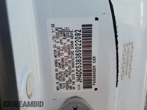 2006 Acura RSX z VIN JH4DC53836S022092, wystawiony jako Copart lot #54780255 z przebiegiem 251 725 mil mil oraz Szkoda całkowita • Salvage title. Historia ofert i sprzedaży dostępna na DreamBid. Obrazek 12.