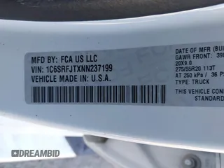 2022 Ram 1500 Laramie with VIN 1C6SRFJTXNN237199, listed as a IAAI auction lot 41705536 with 35,143 mi miles and . Bid and sale history available at DreamBid. Image 9.