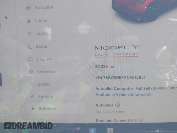 2022 Tesla Model Y Performance with VIN 7SAYGDEFXNF513951, listed as a IAAI auction lot 41986001 with 37,225 mi miles and . Bid and sale history available at DreamBid. Image 7.
