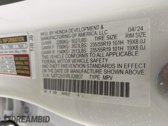 2024 Acura RDX with VIN 5J8TC2H31RL028837, listed as a IAAI auction lot 41102018 with 8,021 mi miles and . Bid and sale history available at DreamBid. Image 9.