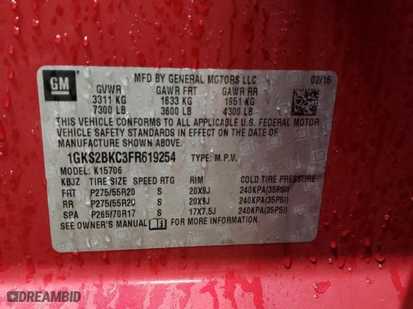2015 GMC Yukon SLT with VIN 1GKS2BKC3FR619254, listed as a Copart auction lot 48015895 with 187,073 mi miles and Salvage Title. Bid and sale history available at carsss.com. Image 13.