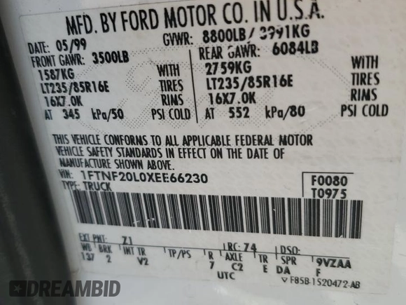 1999 Ford Super Duty F-250 XL with VIN 1FTNF20L0XEE66230, listed as a Copart auction lot 43586355 with 183,821 mi miles and Salvage Title. Bid and sale history available at carsss.com. Image 12.