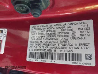 2018 Honda CR-V EX-L with VIN 2HKRW2H85JH695138, listed as a IAAI auction lot 41655606 with 75,080 mi miles. Bid and sale history available at carsss.com. Image 9.
