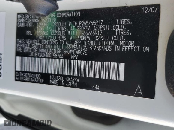 2008 Lexus GX 470 z VIN JTJBT20X480158763, wystawiony jako Copart lot #57632255 z przebiegiem 138 303 mil mil oraz Szkoda całkowita • Salvage title. Historia ofert i sprzedaży dostępna na DreamBid. Obrazek 12.