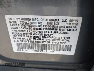 2008 Honda Pilot EX-L z VIN 5FNYF18638B012138, wystawiony jako IAAI lot #41272109 z przebiegiem 248 383 mil mil oraz . Historia ofert i sprzedaży dostępna na DreamBid. Obrazek 9.