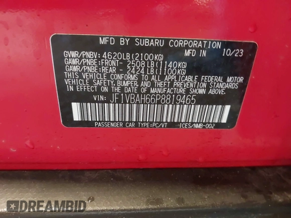2023 Subaru WRX Premium with VIN JF1VBAH66P8819465, listed as a IAAI auction lot 42259587 with 15,016 mi miles and . Bid and sale history available at DreamBid. Image 9.