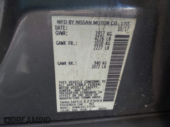 2018 Nissan Altima 2.5 SR with VIN 1N4AL3AP3JC127999, listed as a IAAI auction lot 42016201 with 120,628 mi miles. Bid and sale history available at carsss.com. Image 9.