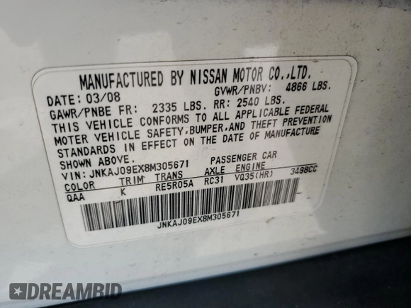 2008 Infiniti EX Journey with VIN JNKAJ09EX8M305671, listed as a Copart auction lot 76926044 with Not Provided miles and Salvage Title. Bid and sale history available at DreamBid. Image 14.