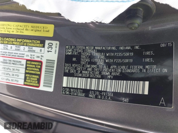 2015 Toyota Sienna SE with VIN 5TDXK3DC8FS652966, listed as a IAAI auction lot 41576611 with 108,858 mi miles and . Bid and sale history available at DreamBid. Image 9.