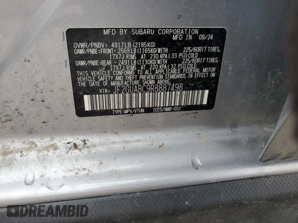 2024 Subaru Crosstrek z VIN JF2GUABC9R8887498, wystawiony jako Copart lot #52479215 z przebiegiem 988 mil mil oraz Szkoda całkowita • Salvage title. Historia ofert i sprzedaży dostępna na DreamBid. Obrazek 13.