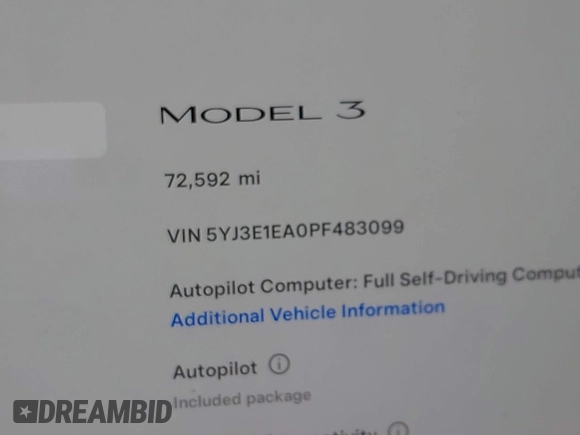 2023 Tesla Model 3 с VIN 5YJ3E1EA0PF483099, выставлен на аукционе IAAI как лот 42545197 с пробегом 72 592 миль миль и . История ставок и продаж доступна на DreamBid. Изображение 15.