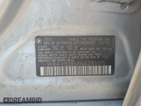 2006 BMW 3 Series 330i with VIN WBAVB335X6AZ85075, listed as a Copart auction lot 63092735 with 126,134 mi miles and Salvage title. Bid and sale history available at DreamBid. Image 12.