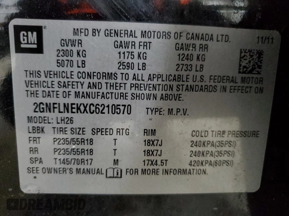 2012 Chevrolet Equinox LT w/2LT with VIN 2GNFLNEKXC6210570, listed as a Copart auction lot 53834255 with 168,435 mi miles and Salvage Title. Bid and sale history available at carsss.com. Image 14.