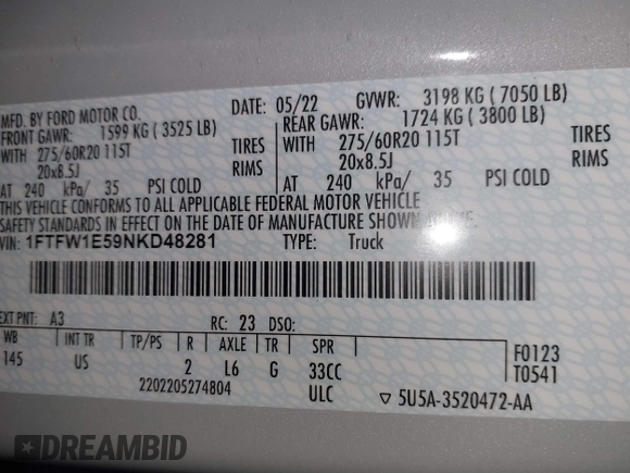 2022 Ford F-150 XL with VIN 1FTFW1E59NKD48281, listed as a IAAI auction lot 41564135 with 68,496 mi miles and . Bid and sale history available at DreamBid. Image 9.