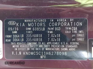 2017 Kia Sedona EX with VIN KNDMC5C11H6278098, listed as a IAAI auction lot 41581577 with 98,748 mi miles. Bid and sale history available at carsss.com. Image 9.